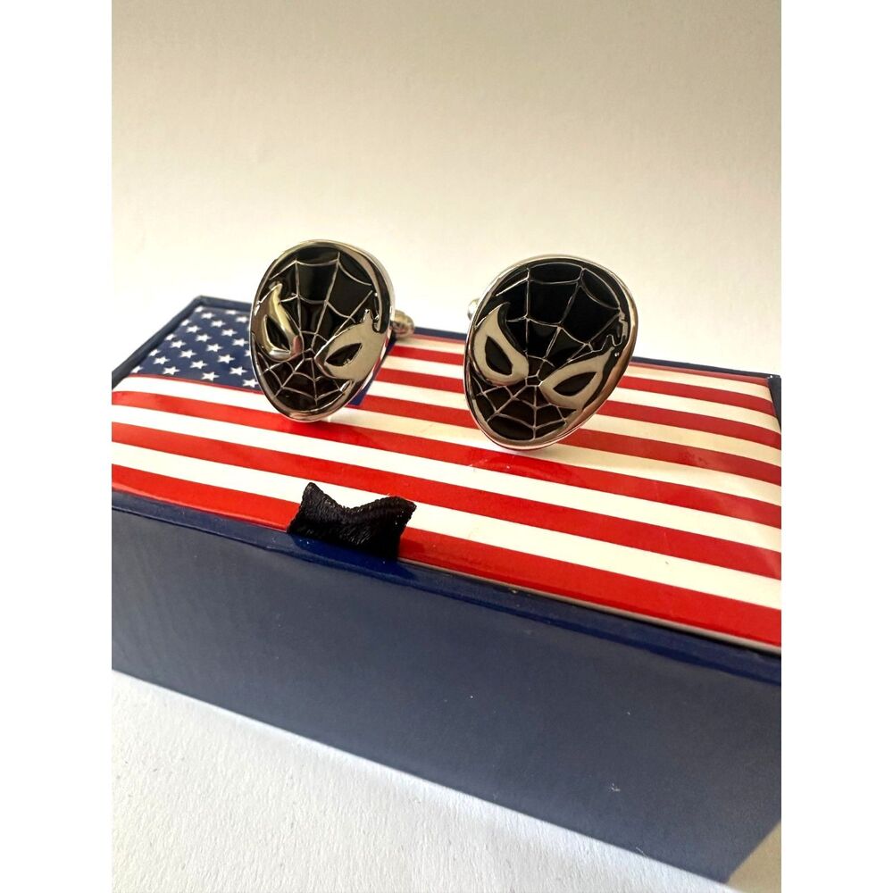 Black Spider-Man / Symbiote Mask Cufflinks — Black & Silver — USA Gift Box